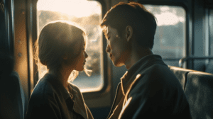 Couple sitting together on a train, looking at each other and smiling.